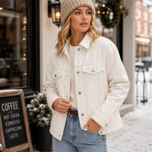 OAT NEW YORK White‎ Sherpa Lined Denim Trucker Jacket Size Medium NEW